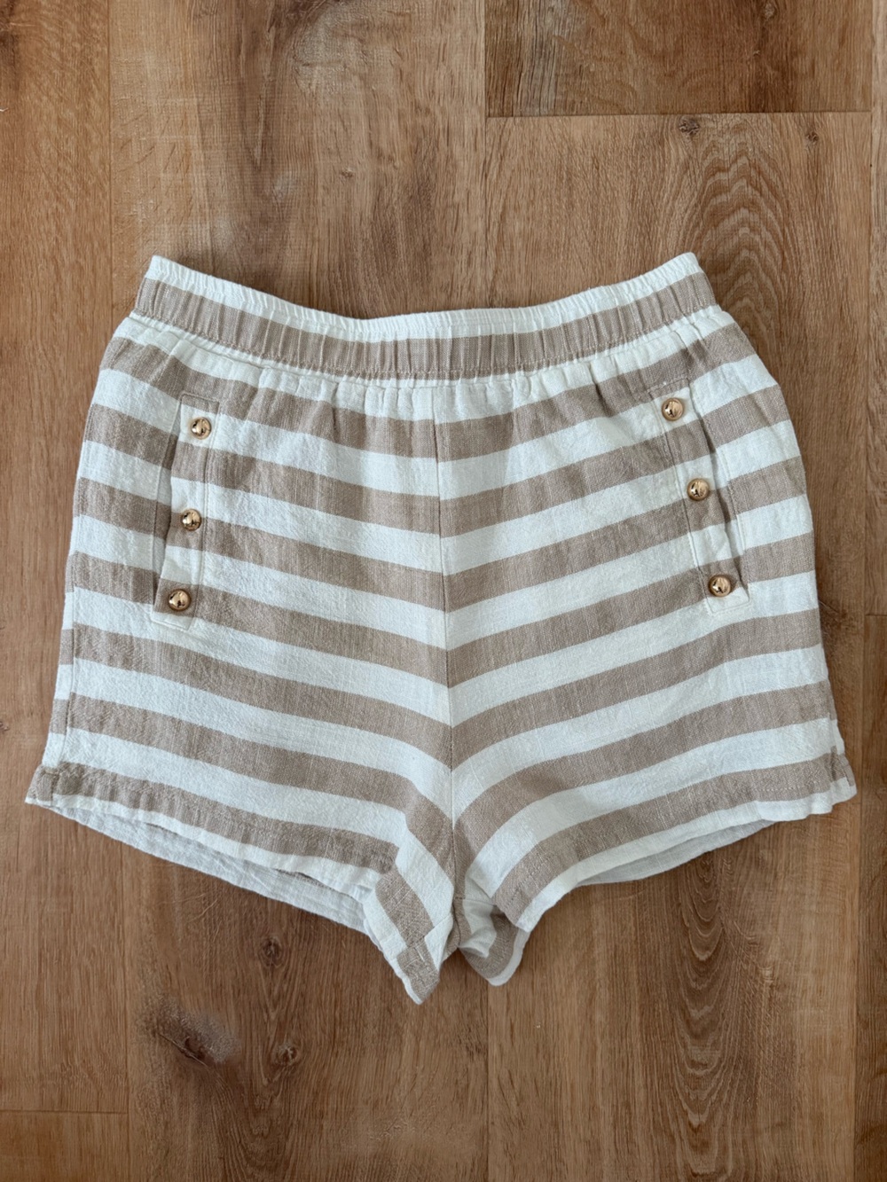 Vita Grace- Striped White and Tan Shorts with Button Trim